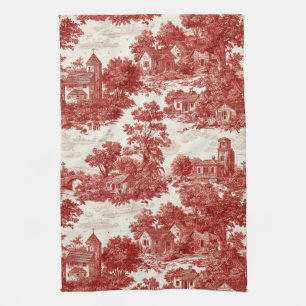 Vintage Red Toile Landscape Nature Pattern Tea Towel
