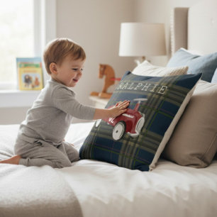 Vintage Red Toy Car Plaid Nursery Name Throw  Cushion