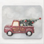 Vintage Red Toy Truck with a Christmas Tree Mouse Pad<br><div class="desc">A mousepad with a cute little toy truck with Merry Christmas hand painted on the side. Transporting a decorated Christmas tree in the back. Silver bokeh background adds a festive flair.</div>