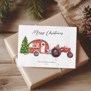 Vintage Red Tractor Camper Christmas Non-Photo Holiday Card