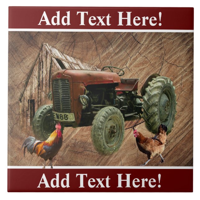 Vintage Red Tractor Rooster Hen Barn Tile (Front)