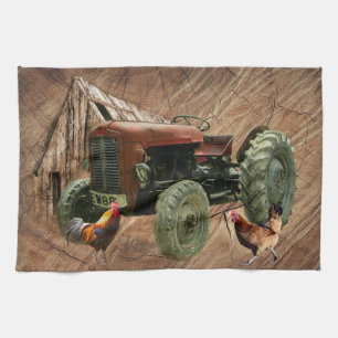 Vintage Red Tractor Rooster Hen Rustic Barn Shed Tea Towel