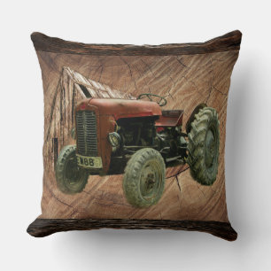 Vintage Red Tractor Rustic Barn Shed Throw Pillow