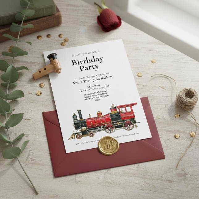  Vintage Red Train Birthday Invitation  (Vintage Red Train Birthday Invitation)