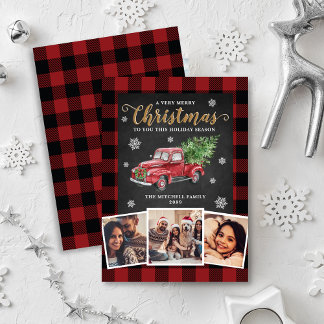 Vintage Red Truck 3 Photo Buffalo Plaid Christmas Holiday Card