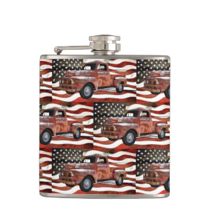 Vintage Red Truck American Flag Hip Flask