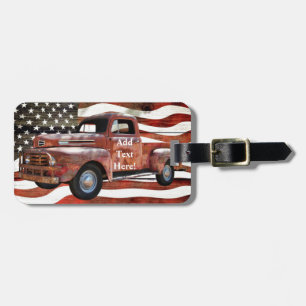 Vintage Red Truck American Flag Luggage Tag