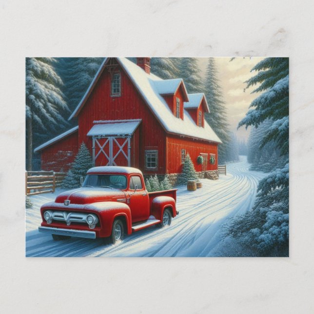 Vintage Red Truck and Barn Postcard (Front)