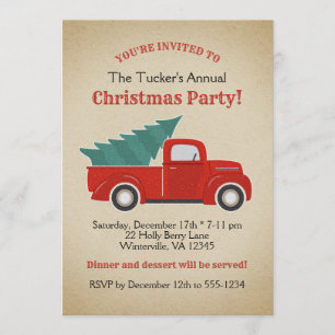 Vintage Red Truck and Tree Christmas Party Invitation