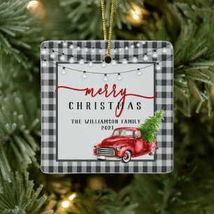 Vintage Red Truck and Tree Merry Family Name  Ceramic Ornament