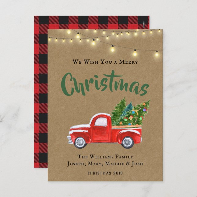 Vintage Red Truck and Tree Rustic  Holiday Postcard (Front/Back)