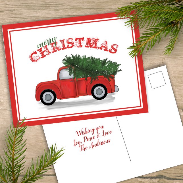 Vintage Red Truck Antique Holiday Christmas Party Postcard (Merry Christmas simple greeting postcard template with rustic red truck. )