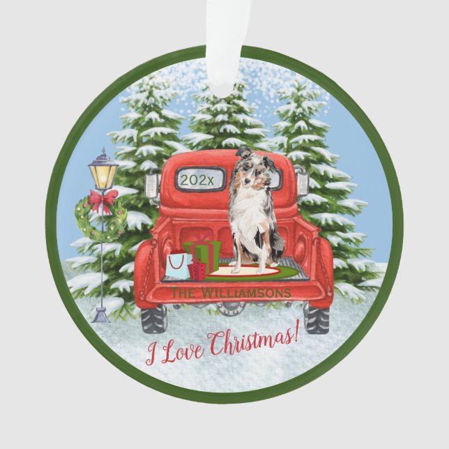 Vintage Red Truck Australian Shepherd Dog Ornament (Front)