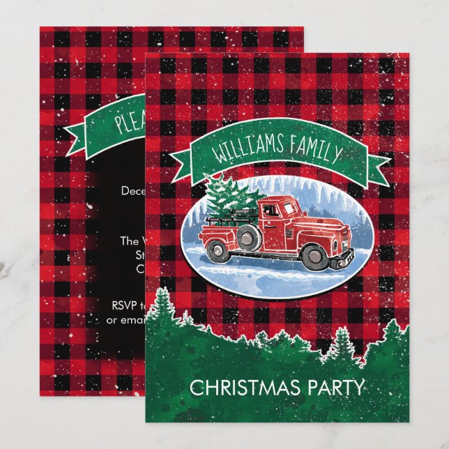 Vintage Red Truck Buffalo Plaid Christmas Party Invitation (Front/Back)