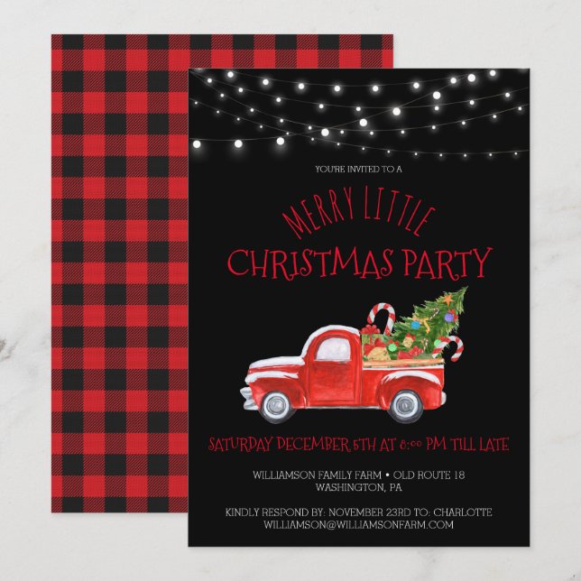 Vintage Red Truck & Buffalo Plaid Christmas Party Invitation (Front/Back)