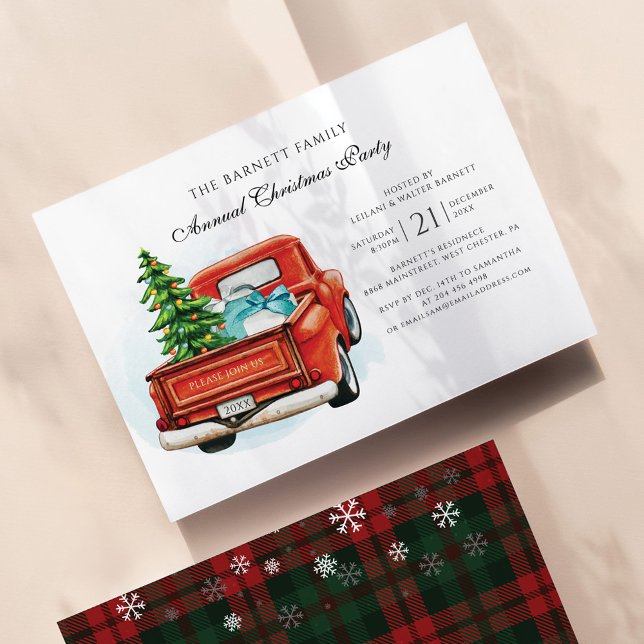 Vintage Red Truck Business Christmas Party Invitation (Rustic Plaid Old Red Truck Christmas Holidays Family Party Invitation)