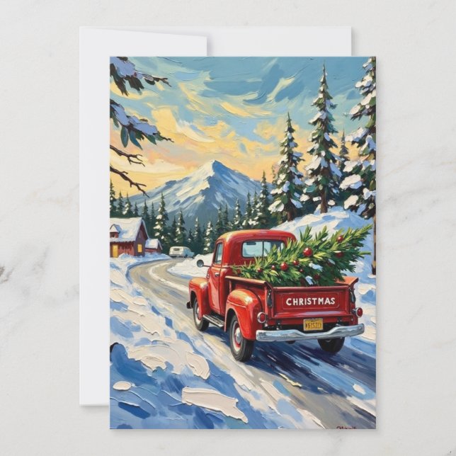 Vintage Red Truck Carrying Christmas Tree Holiday Card (Front)