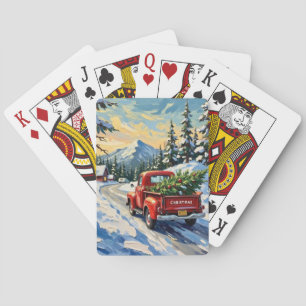 Vintage Red Truck Carrying Christmas Tree Playing Cards