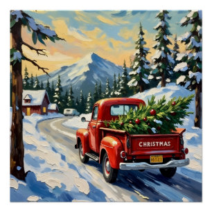 Vintage Red Truck Carrying Christmas Tree Poster