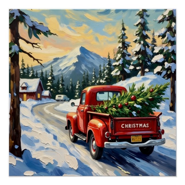Vintage Red Truck Carrying Christmas Tree Poster (Front)