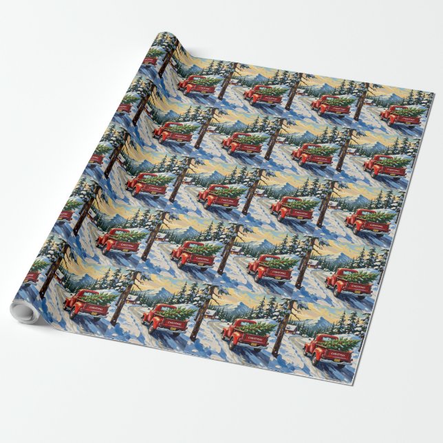 Vintage Red Truck Carrying Christmas Tree Wrapping Paper (Unrolled)