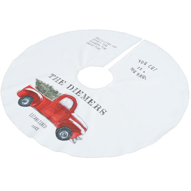 Vintage Red Truck Christmas Family Name Tree Skirt (Angled)