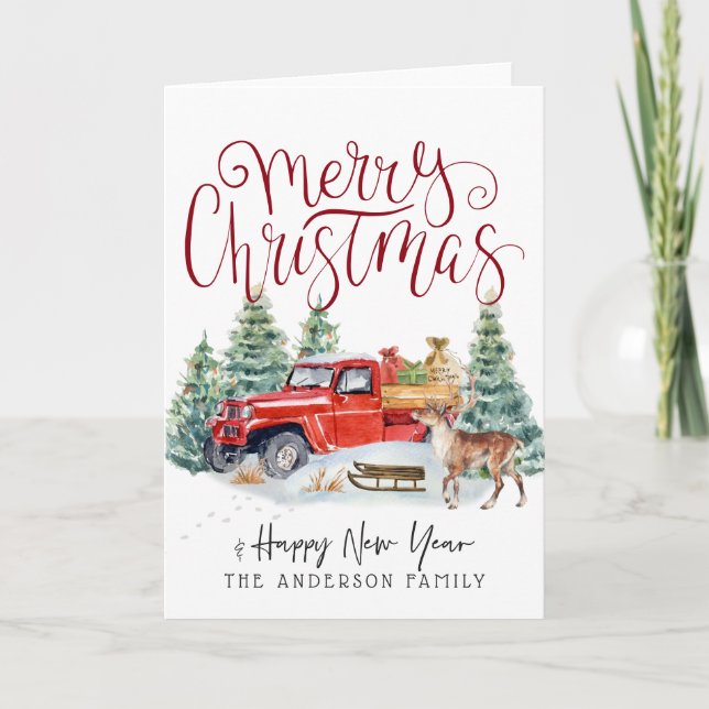 Vintage Red Truck Christmas Holiday Card (Front)