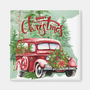 Vintage Red Truck Christmas Magnet