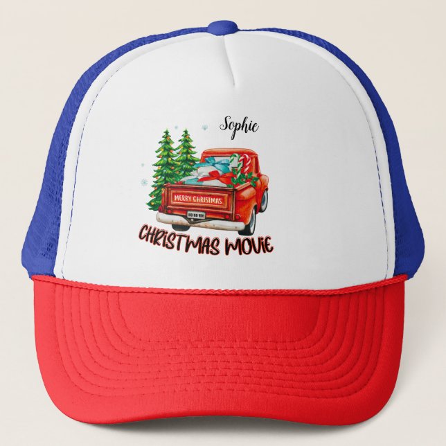 Vintage Red Truck Christmas Movie Trucker Hat (Front)