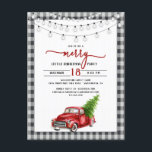 Vintage Red Truck Christmas Party Invitation  Postcard<br><div class="desc">Vintage Red Truck Christmas Party Invitation Postcard - What a fun, trendy way to send out your Christmas Party details to your family and friends this. holiday season! A red pick up truck carrying a Christmas tree with string lights hanging overhead and pretty script typography. The card is surrounded by...</div>