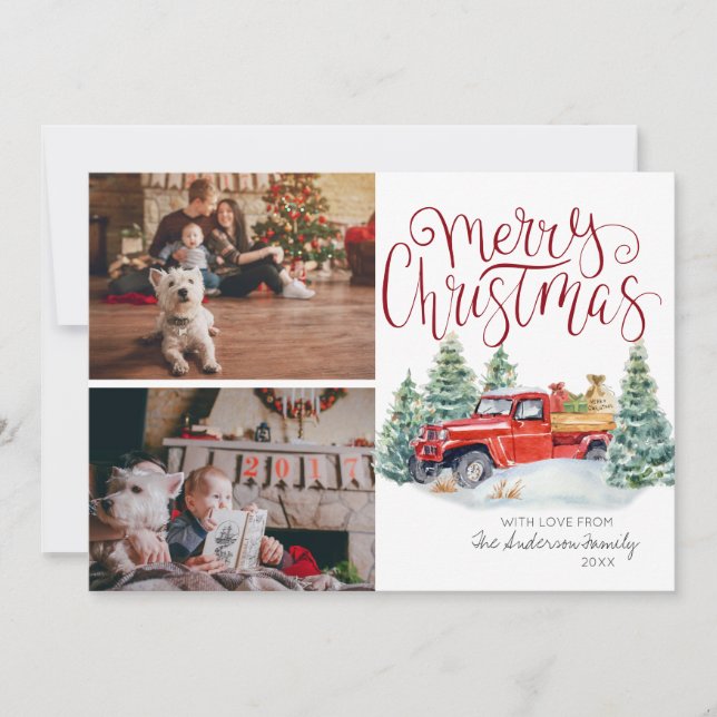 Vintage Red Truck | Christmas Photo Collage Holiday Card (Front)