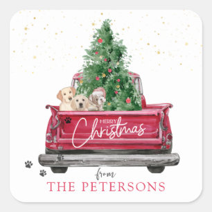 Vintage Red Truck Christmas Puppies Pawprint Square Sticker