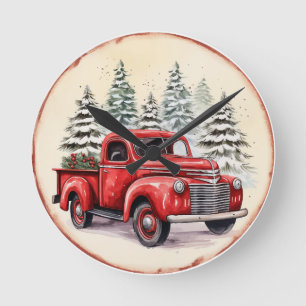 Vintage Red Truck Christmas Round Clock