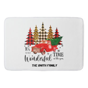 Vintage red truck Christmas time Bath Mat