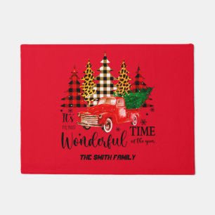 Vintage red truck Christmas time  Doormat
