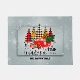 Vintage red truck Christmas time Doormat