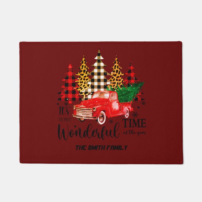 Vintage red truck Christmas time  Doormat (Front)