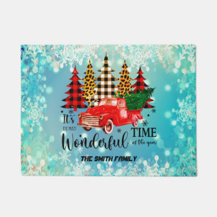 Vintage red truck Christmas time Doormat