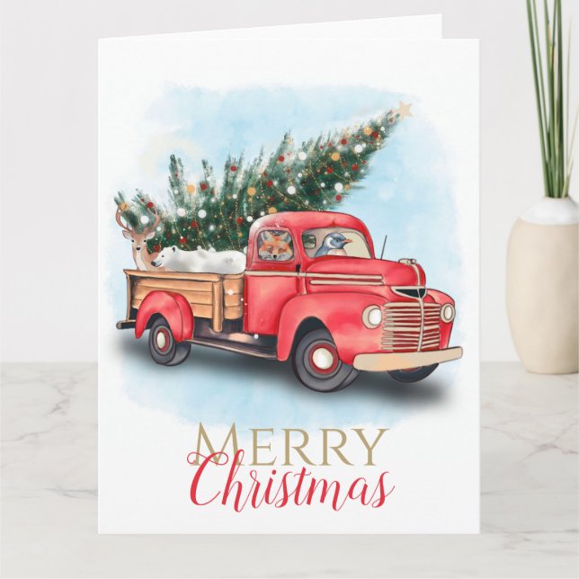 Vintage Red Truck Christmas Tree Card (Front)
