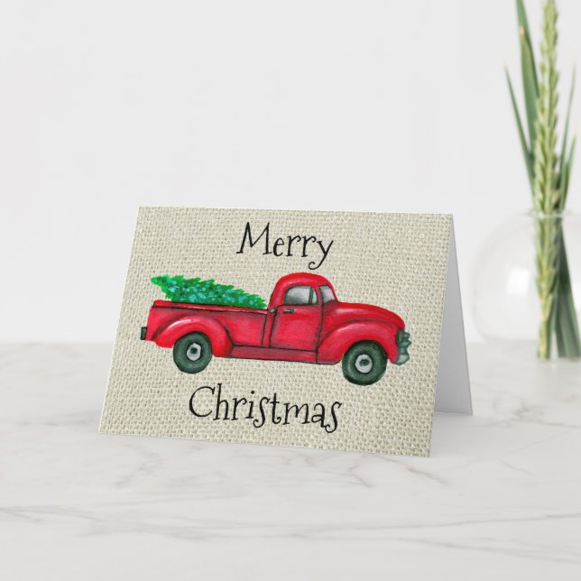 Vintage Red Truck Christmas Tree Christmas Card (Front)
