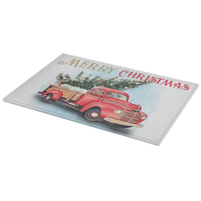 Vintage Red Truck Christmas Tree Cutting Board (Corner)