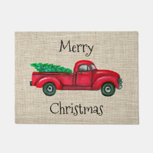 Vintage Red Truck Christmas Tree Door Mat