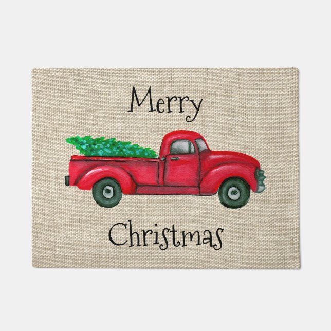 Vintage Red Truck Christmas Tree Doormat (Front)