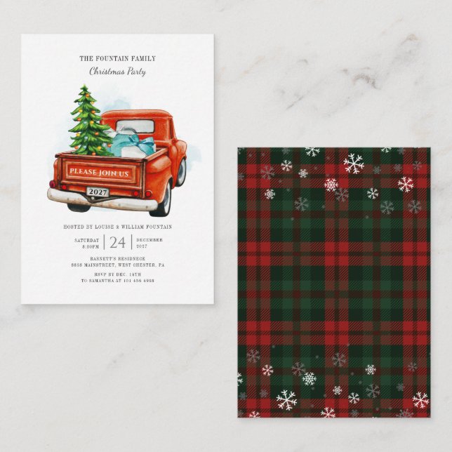 Vintage Red Truck Christmas Tree Family Party Card (Front/Back)