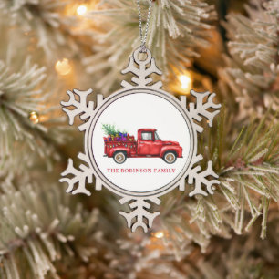 Vintage Red Truck Christmas Tree Gifts Family Name Snowflake Pewter Christmas Ornament