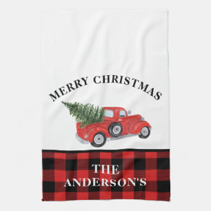 Vintage Red Truck Christmas Tree Plaid Farmhouse Tea Towel