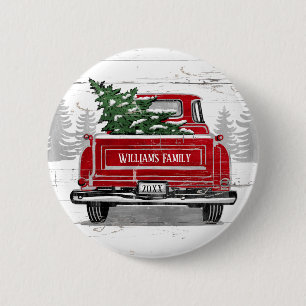 Vintage Red Truck Christmas Tree Rustic Name 6 Cm Round Badge
