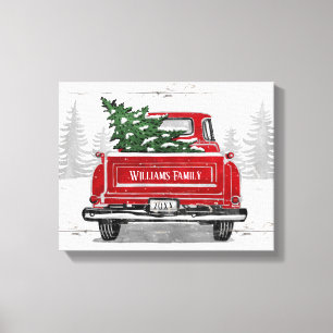 Vintage Red Truck Christmas Tree Rustic Name Canvas Print