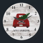 Vintage Red Truck Christmas Tree Rustic Wood Round Large Clock<br><div class="desc">Vintage Red Truck Christmas Tree Rustic Wood Round Clock - features an adorable vintage red truck carrying a freshly cut Christmas tree and is personalised with your family name. Background is white distressed wood. Clock would be a wonderful addition to your Christmas decor. Clock also makes a very thoughtful gift....</div>
