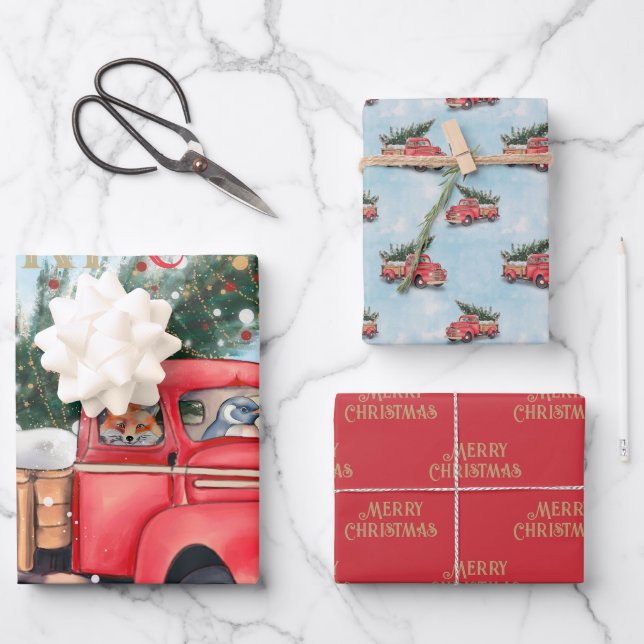 Vintage Red Truck Christmas Tree Wrapping Paper Sheet (Front)